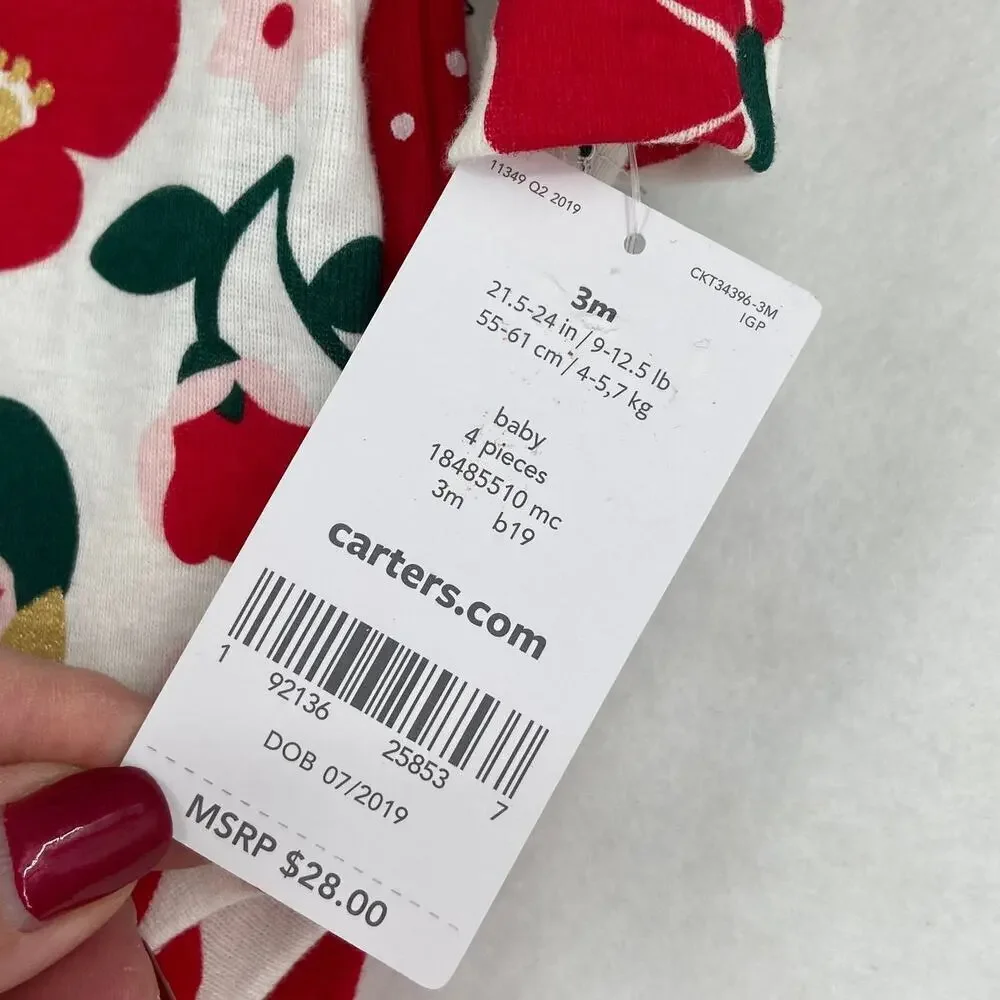 Carter's Bodysuits Long Sleeve Tops Set of 4 Snap Bottom Red Green Baby 3 Months